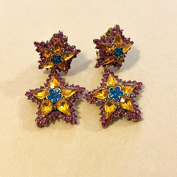 Thelma Deutsch vintage costume jewelry double star dangle clip-on earrings